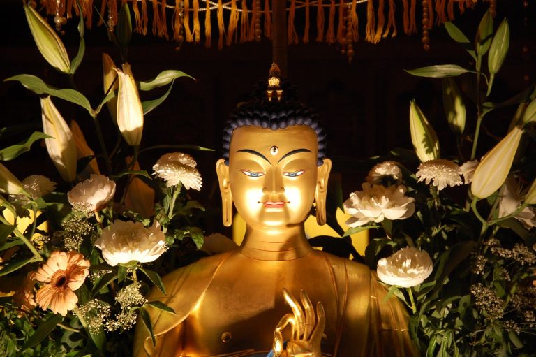 Statue du bouddha maitreya au bouddhiste de Marzens